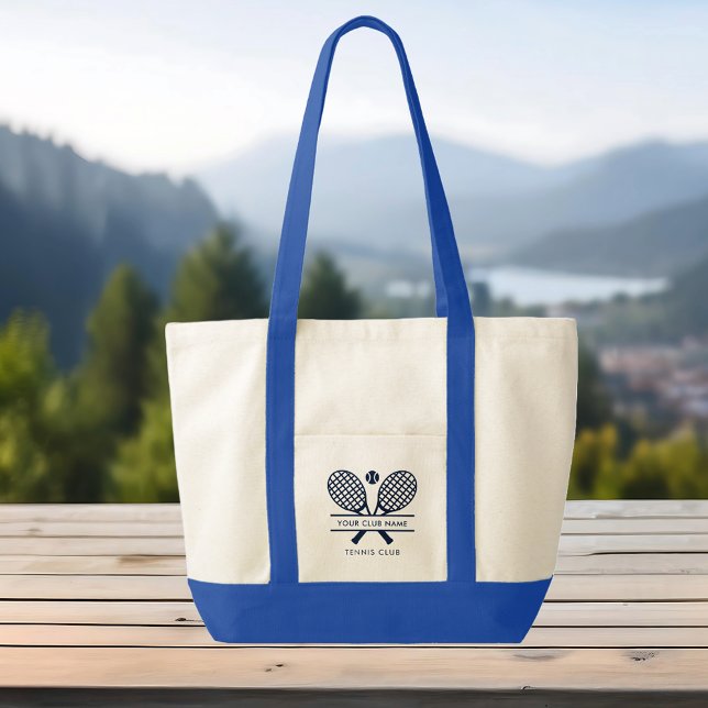 Add Club Name Tennis Team Swag Navy Blue Tote Bag (Lawn Tennis Club Rackets Motif Custom Blue Handles Large Tote Bag)