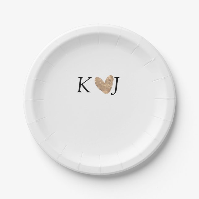 Add couple name letter wedding gold heart glitter  paper plate (Front)