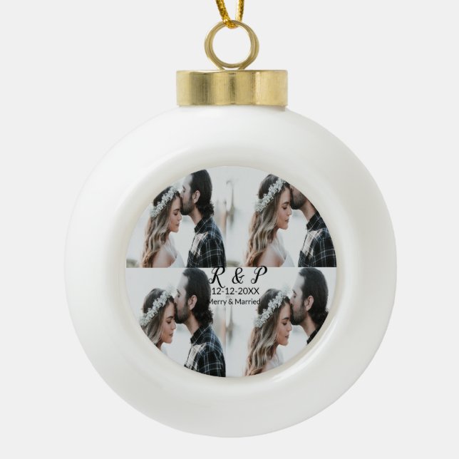 Add couple photo merry married add date year  ceramic ball christmas ornament (Front)