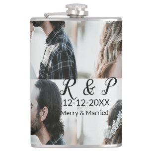 Add couple photo merry married add date year  hip flask