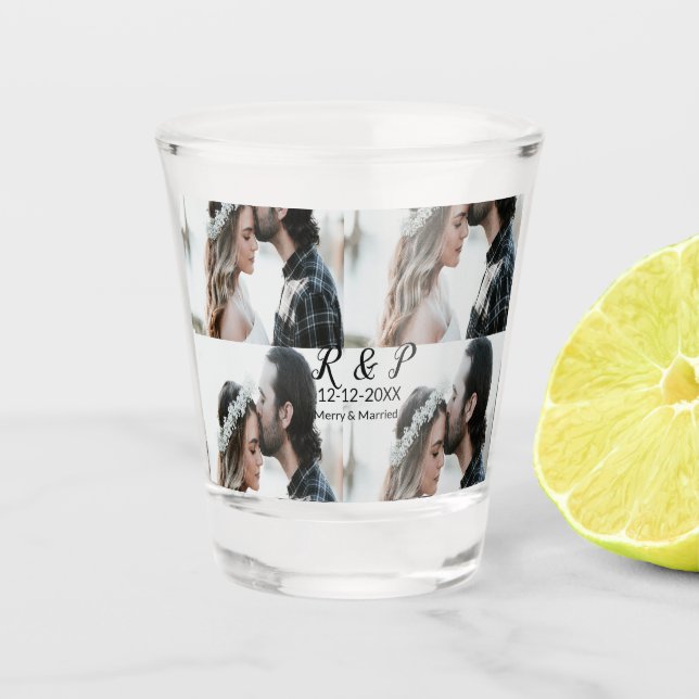 Add couple photo merry married add date year  shot glass (Front)
