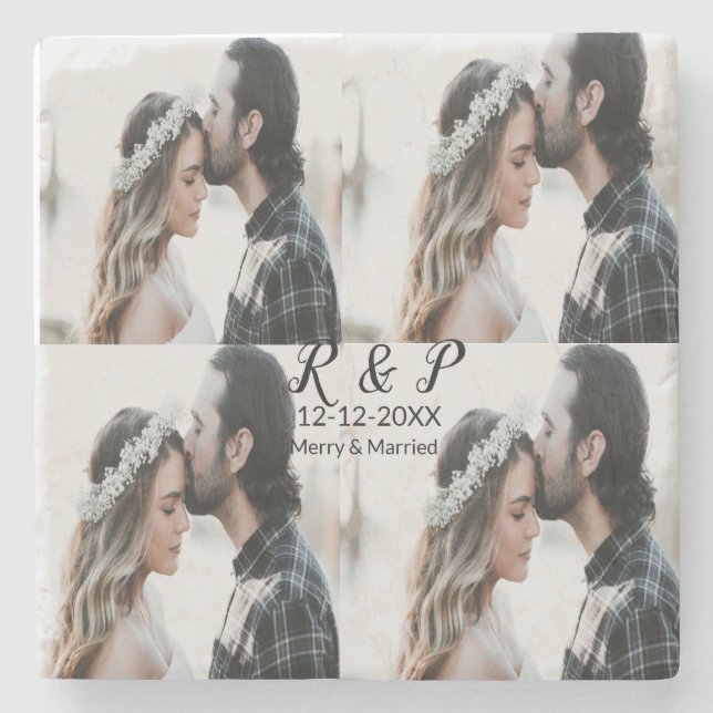Add couple photo merry married add date year  stone coaster (Front)