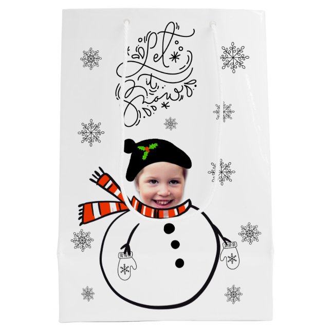  Add Face Photo Snowman & Snowflakes Let It Snow Medium Gift Bag (Back)