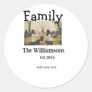 Add family name photo year rustic vintage template classic round sticker