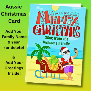 Add Family Name Text, Santa Beach Selfie Christmas Card