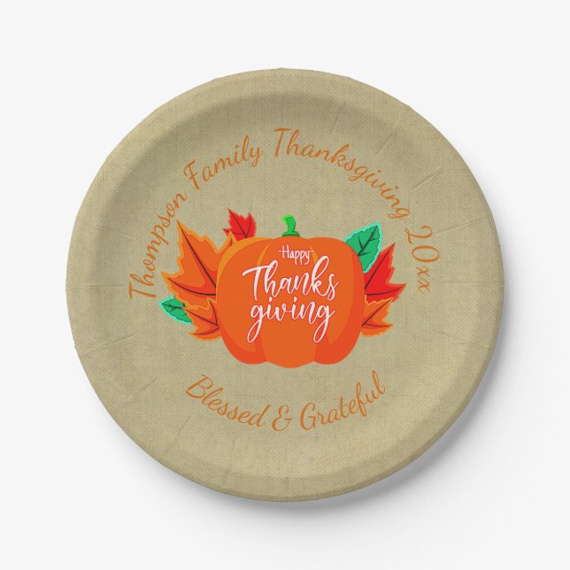 Add Family Name Text Thanksgiving Pumpkin 20xx 7" Paper Plate (Front)