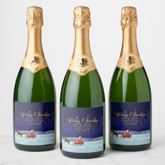 Add Family / Organisation Name Blue + Santa Sparkling Wine Label (Bottles)