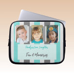 Add family photos stripes mint green and gray laptop sleeve<br><div class="desc">Laptop sleeve gift idea.
Animal and coffee lover.
Replace the 2 photos with your own and add a name.
Mint green and gray.</div>