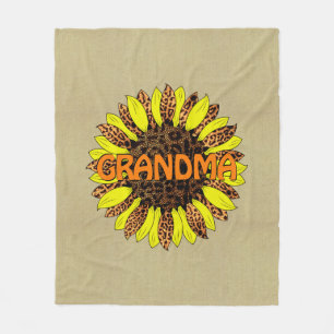 Add Grandma Name or Text, Leopard Print Sunflower Fleece Blanket