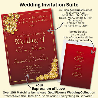Add Guest Name Gold Rose Flower Maroon Red Wedding Invitation