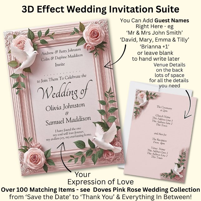 Add Guest Name Pink Roses & Doves Wedding Invitation (Creator Uploaded)