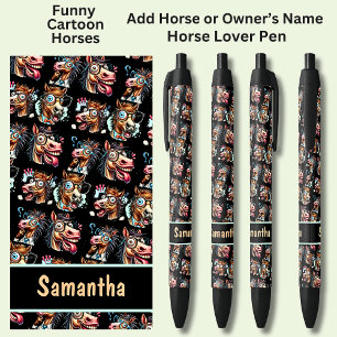 Add Horse or Owner's Name, Funny Cartoon Horses Black Ink Pen
