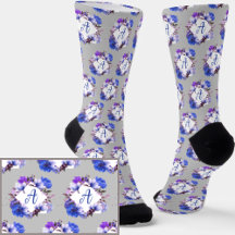 Add Initial, Blue & Mauve Flowers on Pale Grey    