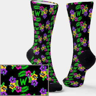 Add Initial,  Hibiscus Tropical Flowers on Black  Socks