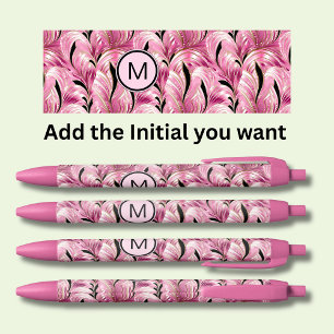 Add Initial, Soft Pink Gold Black Swirls Abstract Black Ink Pen