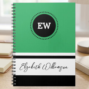 Add initials and name green and black notebook