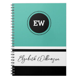 Add initials and name teal and black notebook