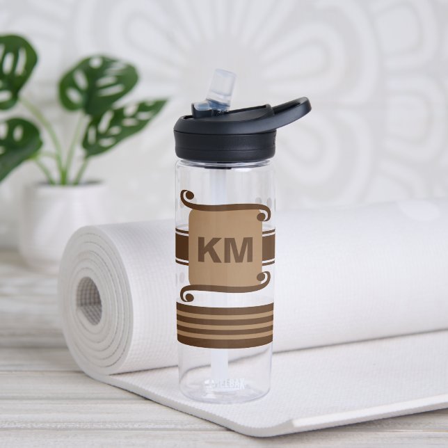 Add initials dark and pale brown with stripes water bottle (Yoga)