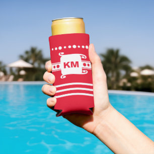 Add initials dots stripes relax red and white seltzer can cooler