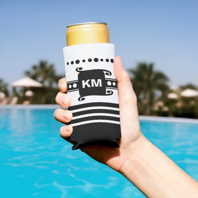 Add initials dots stripes relax white and black seltzer can cooler (In Situ Pool)