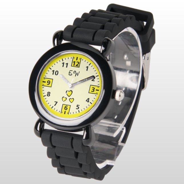 Add initials hearts yellow kids watch (Creator Uploaded)