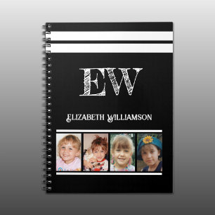 Add initials name 4 photos black white notebook