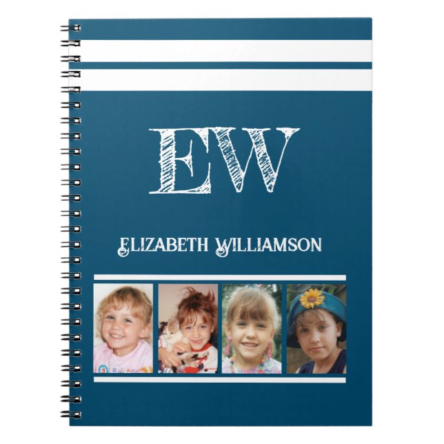 Add initials name 4 photos blue white notebook (Front)