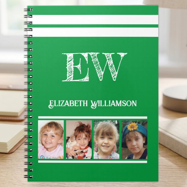Add initials name 4 photos green white notebook (Creator Uploaded)