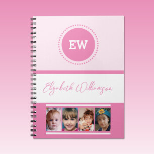 Add initials name 4 photos white pink notebook