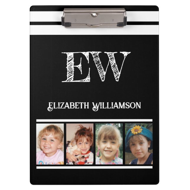 Add initials name 8 photos black white clipboard (Front)
