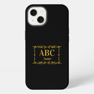 Add Initials & Name Golden Monogram Frame on Black iPhone 13 Case