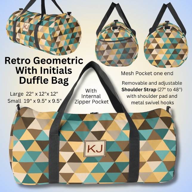 Add Initials, Retro Abstract Triangles Green Brown Duffle Bag (Creator Uploaded)