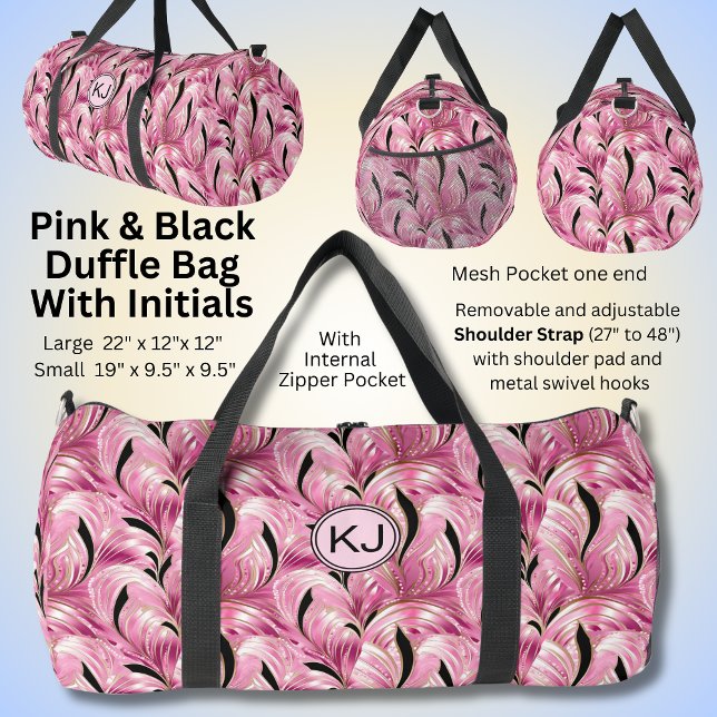 Add Initials, Soft Pink Gold Black Swirls Abstract Duffle Bag (Creator Uploaded)