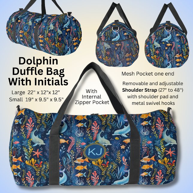 Add Initials, Swimming Blue Dolphins & Gold Fish Duffle Bag (Creator Uploaded)