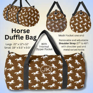 Add Initials, White Horses on Brown, Horse Lover  Duffle Bag