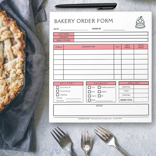 Add Logo Bakery Business Light Coral Order Form  Notepad (Creator Uploaded)