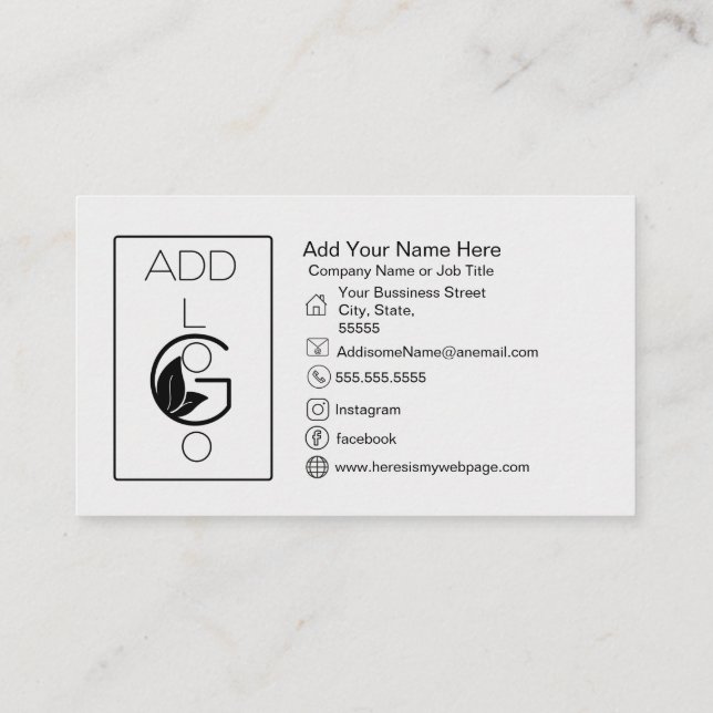 Add Logo Black White Simple Bold  Business Card (Back)