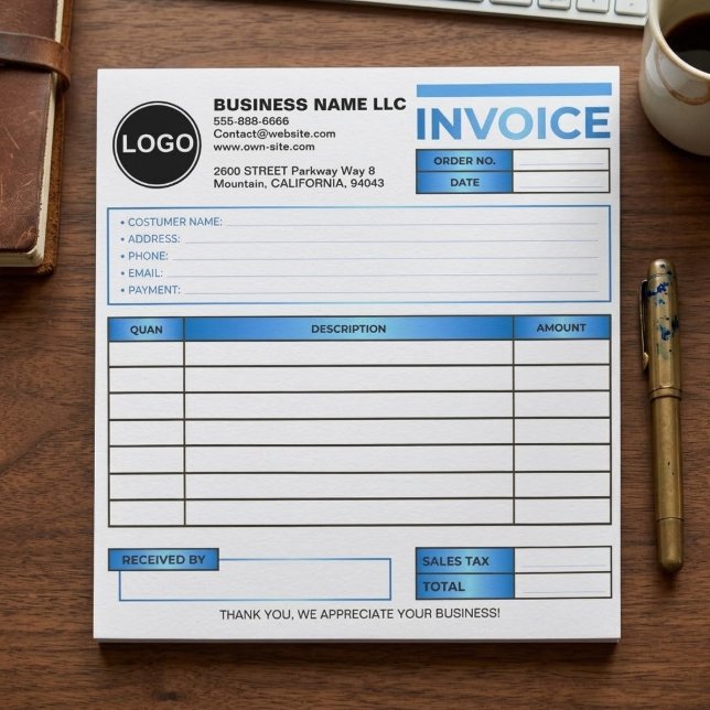 ADD LOGO Blue Business Invoice Sales Form Template Notepad (Invoice Business Sales Form Receipt)