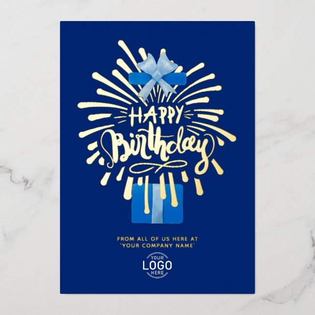 Add Logo Blue Gift Box Fireworks Business Birthday (Front)
