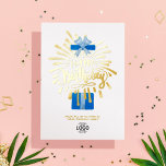 Add Logo Blue Gift Box Fireworks Business Birthday<br><div class="desc">Customise this new fun modern simple business Happy Birthday Flat Card. Stylish clean design featuring real gold foil fireworks with hand lettering Happy Birthday text from an opened watercolor navy blue gift box. Replace the your logo here image with your custom logo and add the front and back text. The...</div>