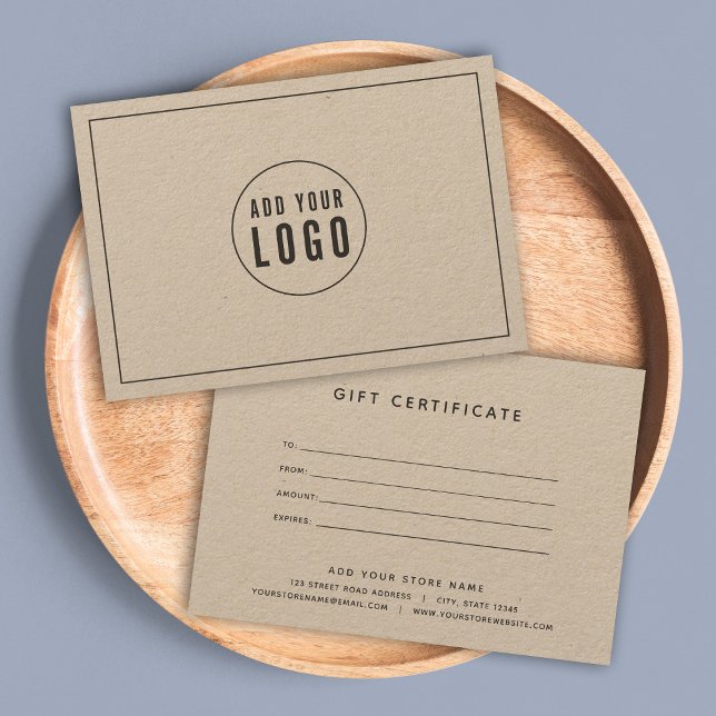 Add Logo Dark Grey Border Kraft Gift Certificate (Creator Uploaded)