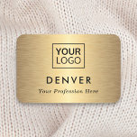Add logo first name and title golden gradient name tag<br><div class="desc">Modern name tag with your first name,  title and custom logo on a printed image golden gradient background. You can change fonts,  move and resize the logo and other elements with the design tool.</div>