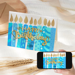 Add Logo Fun Blue Candles Business Happy Birthday Card