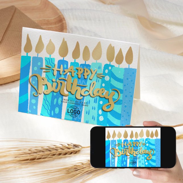 Add Logo Fun Blue Candles Business Happy Birthday Card (Creator Uploaded)