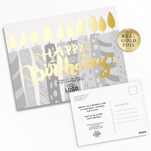 Add Logo Fun Grey Candles Business Happy Birthday Foil Holiday Postcard
