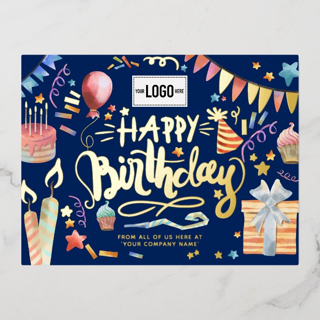 Add Logo Fun Party Navy Blue Business Birthday Foil Holiday Postcard (Front)