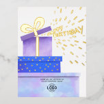 Add Logo Fun Purple Blue Gifts Business Birthday Foil Holiday Postcard<br><div class="desc">Our Custom Logo Business Watercolor Happy Birthday Postcard is the perfect way to send a smile to clients, employees and business partners. Featuring an original watercolor painting of three purple and blue colour gift boxes with real gold foil elements and confetti sprinkling out of the top box, with Happy Birthday...</div>