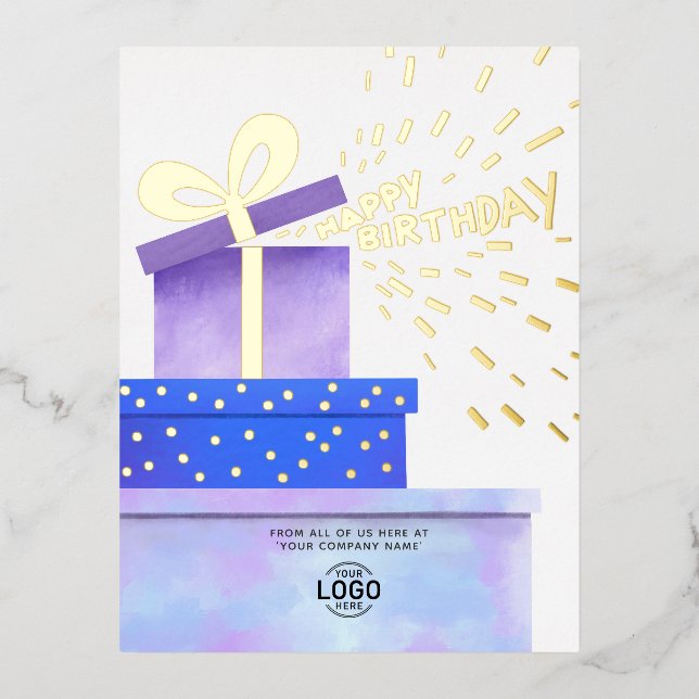 Add Logo Fun Purple Blue Gifts Business Birthday Foil Holiday Postcard (Front)