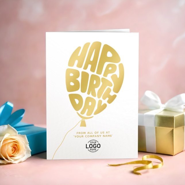 Add Logo Gold Lettering Balloon Business Birthday Card (Creator Uploaded)