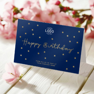 Add Logo Gold Stars Blue Business Happy Birthday Card